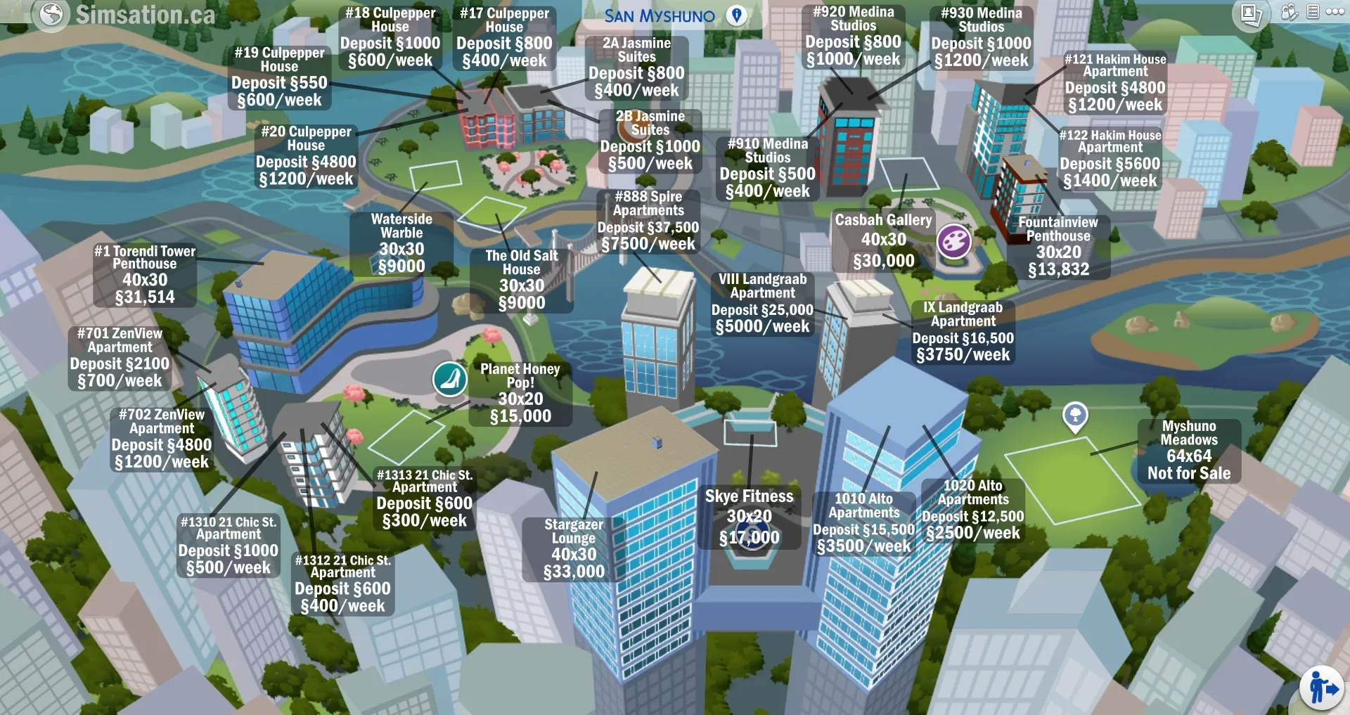 Labelled map of San Myshuno showing bulldozed lots